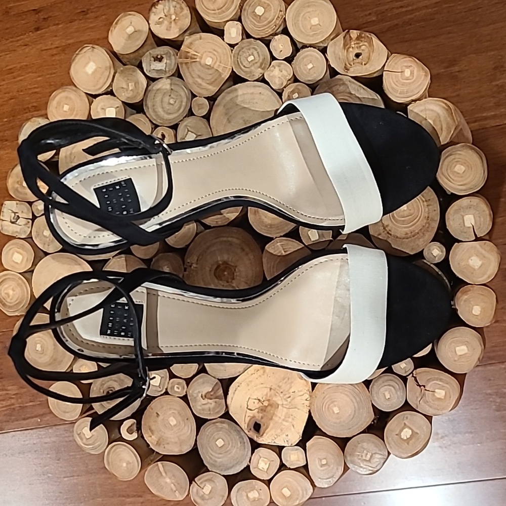 WHBM tortoise heeled open toe heels.